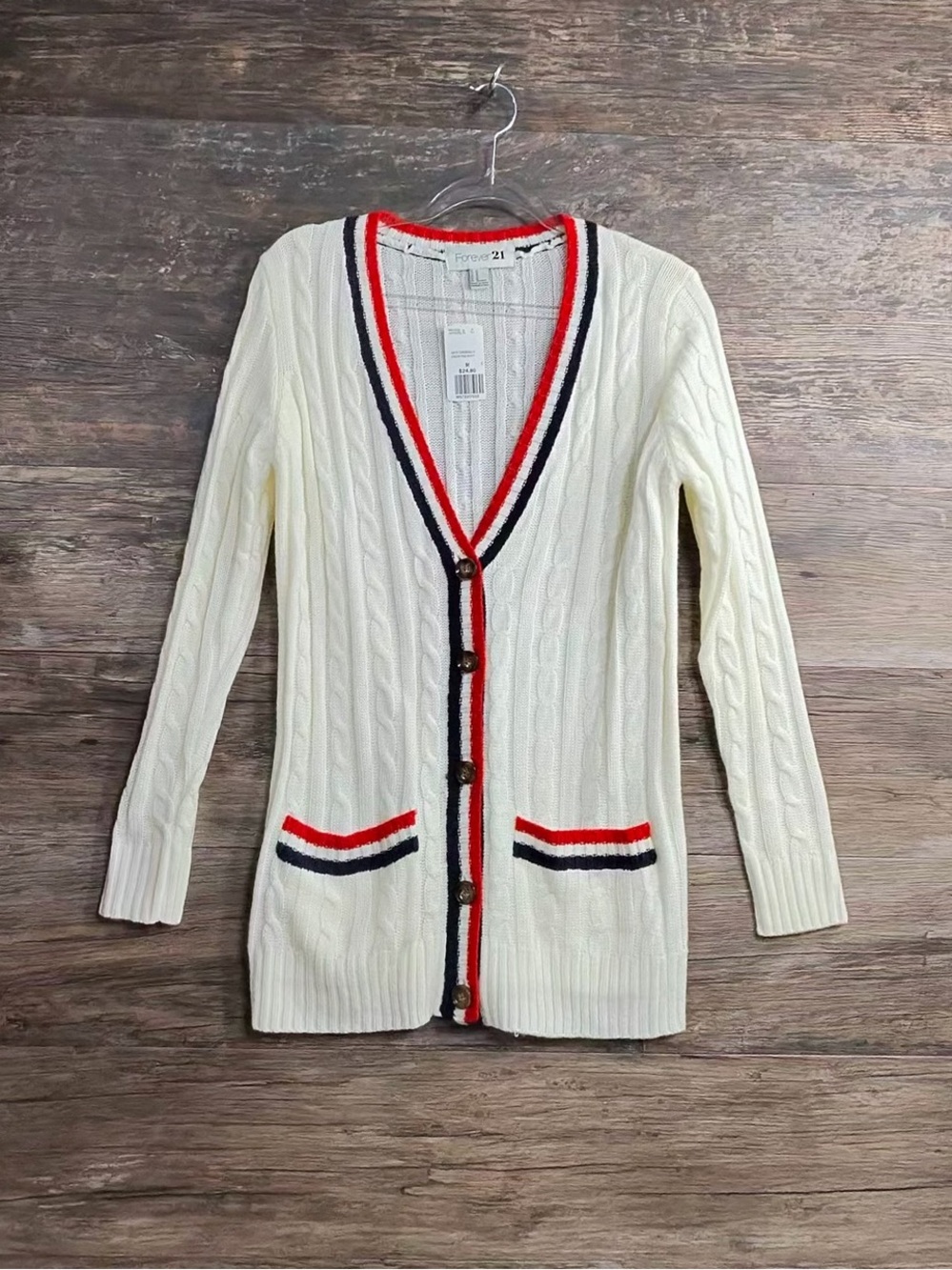 Forever 21 Cream Cable-Knit Cardigan with Red & Navy Trim